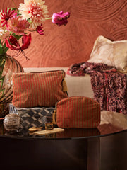 Vellore Small Cotton Velvet Pouch Sand Stripe Lifestyle with Product