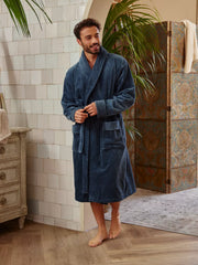 Super Smooth Cotton Bathrobe Men Petrol L Lifestyle with Model and Packshot