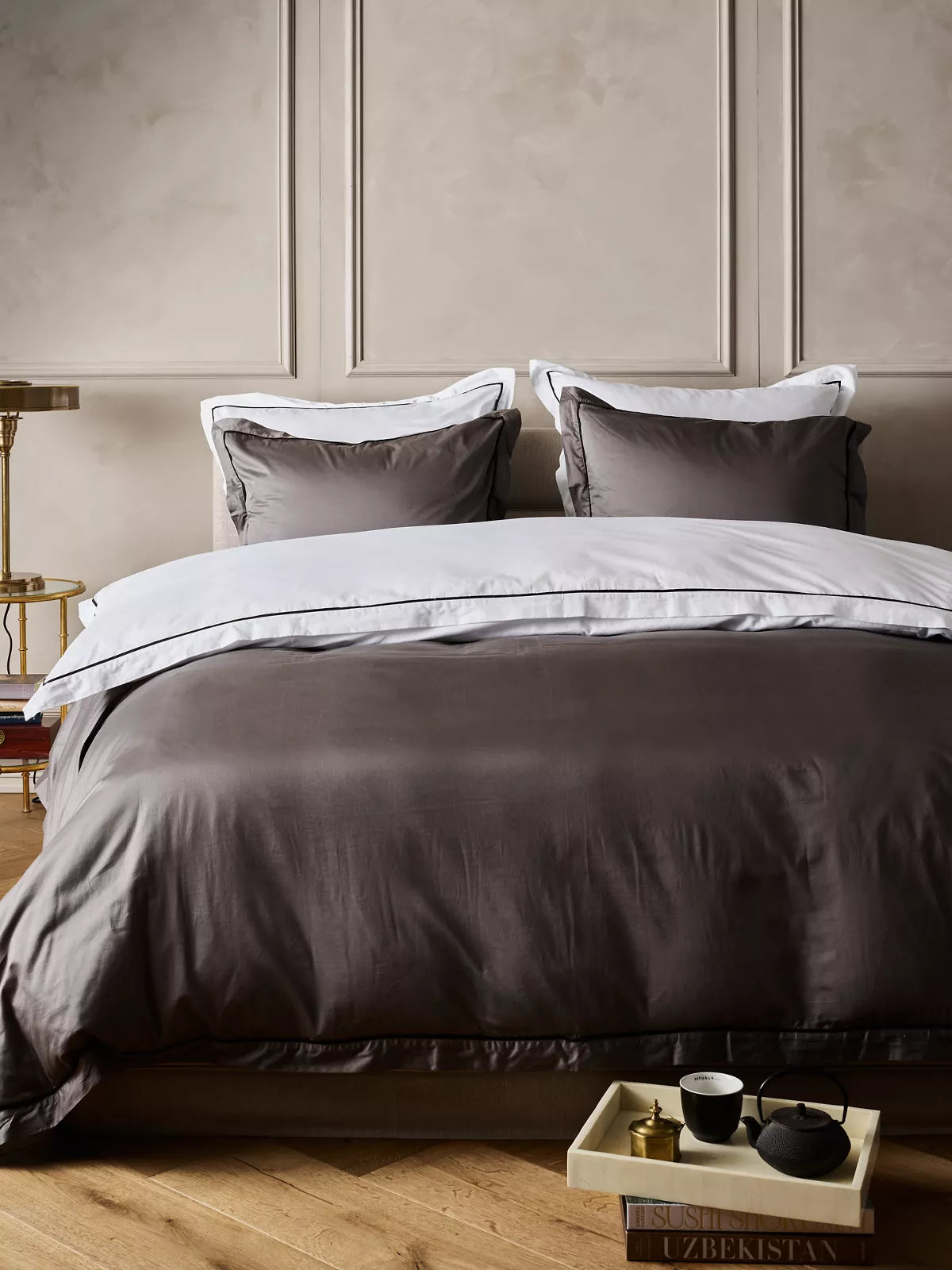 Singapore Satin Cotton Duvet Cover 240x220cm Grey Lifestyle with Product