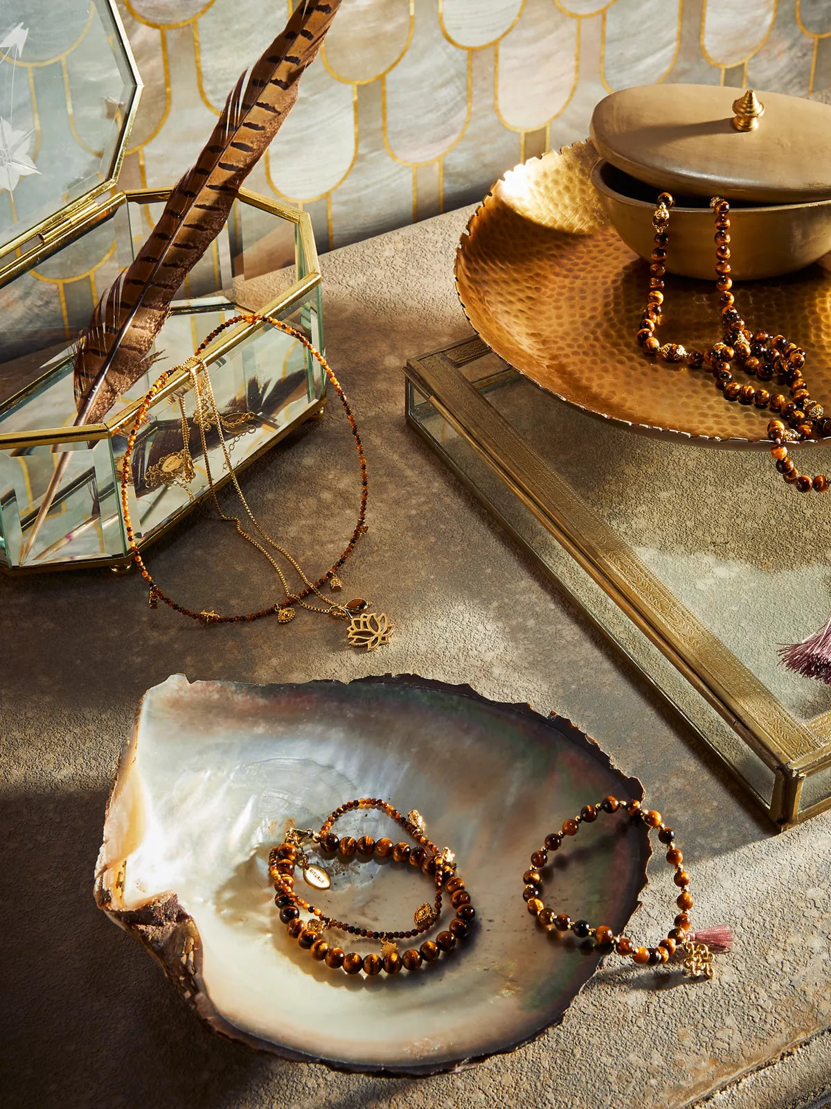Tiger Eye Mala Necklace Gold Plated Lifestyle with Product