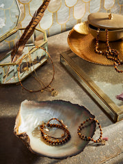 Tiger Eye Mala Necklace Gold Plated Lifestyle with Product