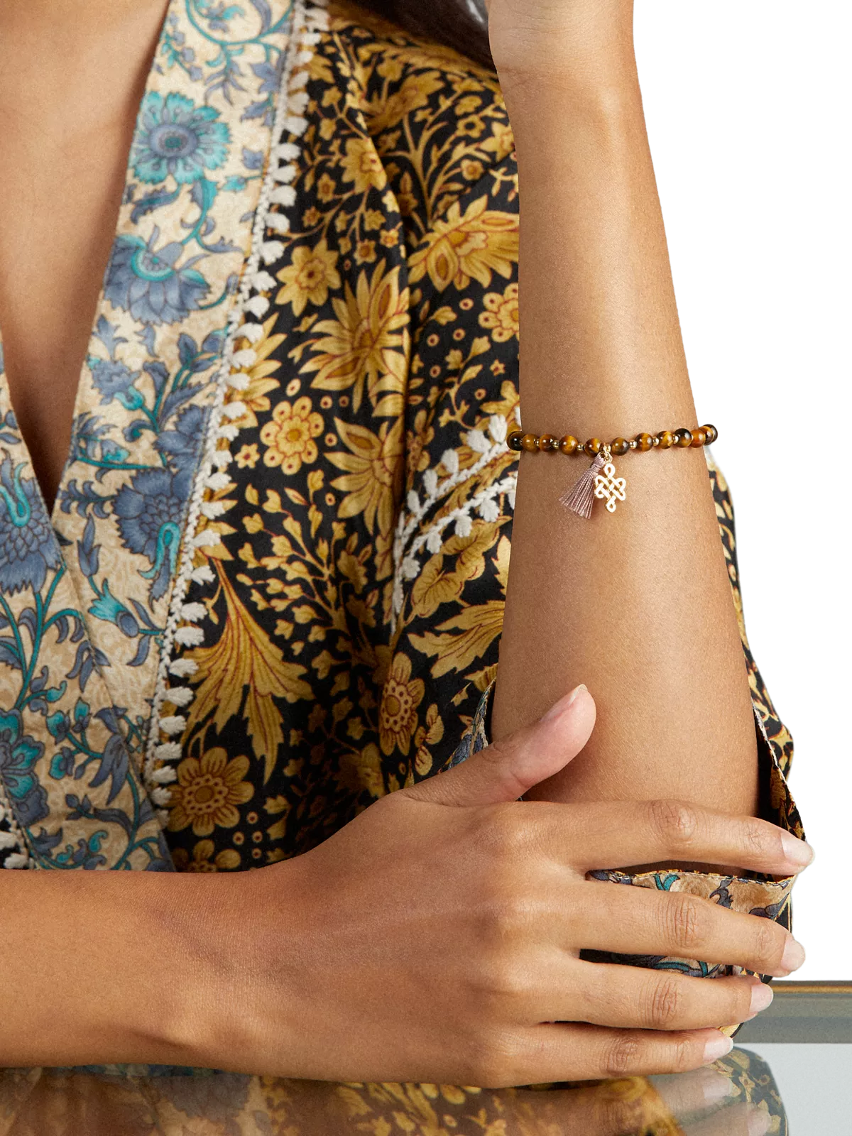 Tiger Eye Infinity Bead Bracelet Gold Plated Studio with Model and Product