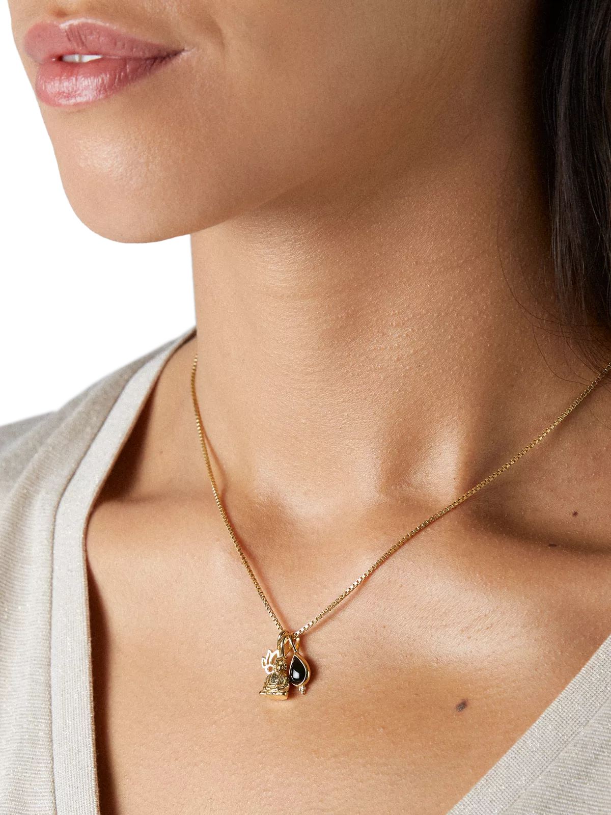 Black Onyx Pendant Necklace Studio with Model and Product