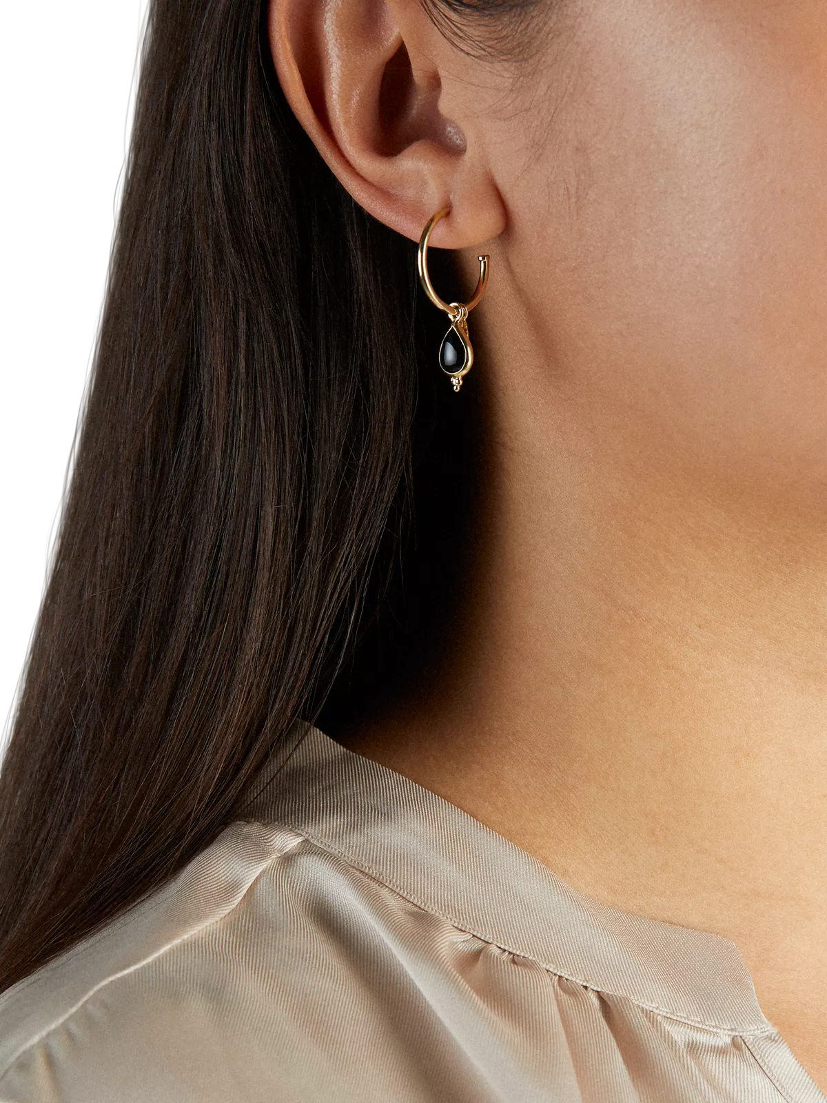 Black Onyx Pendant Hoops Gold Plated Studio with Model and Product