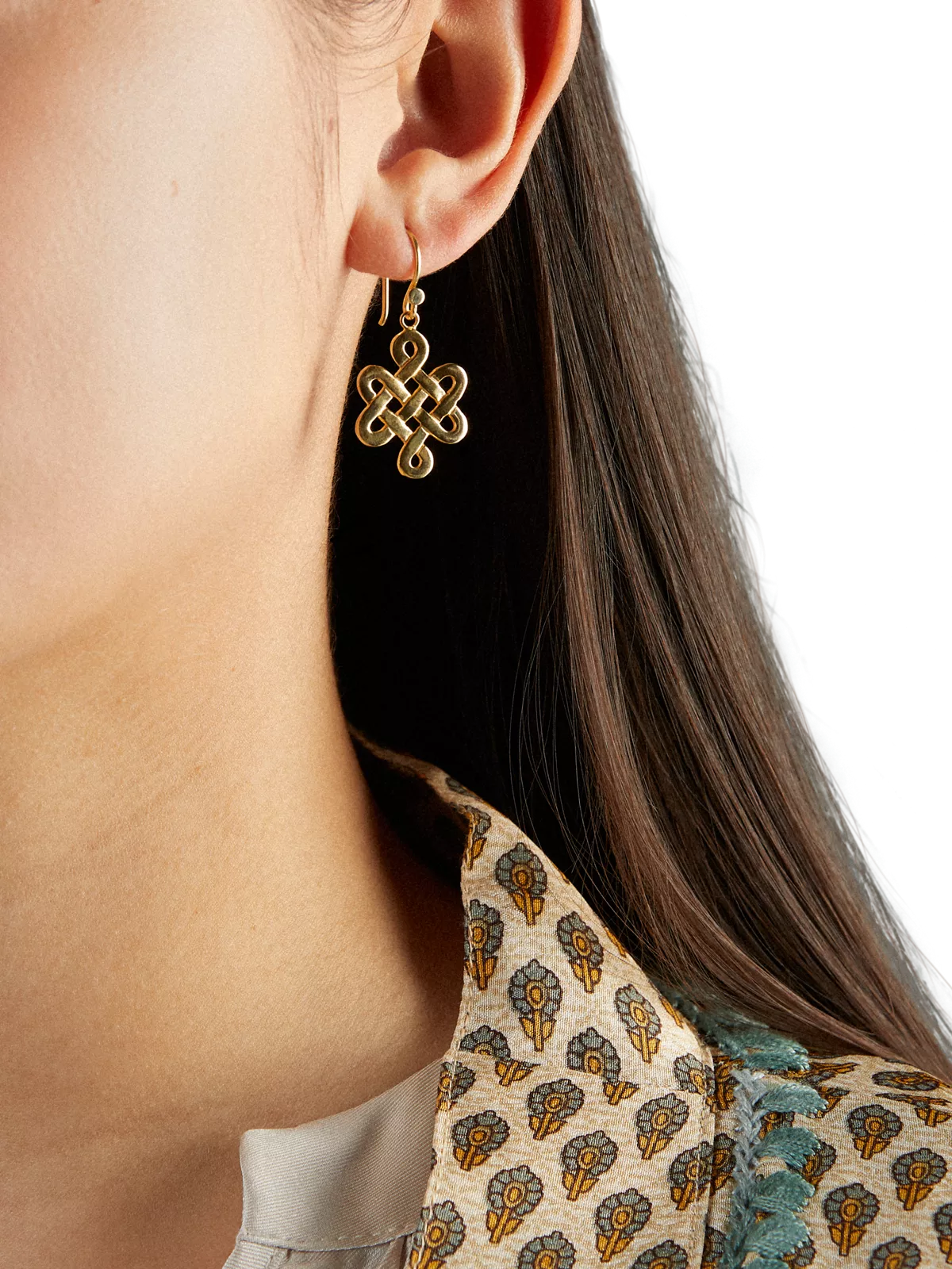 Infinity Pendant Earrings Gold Plated Studio with Model and Product