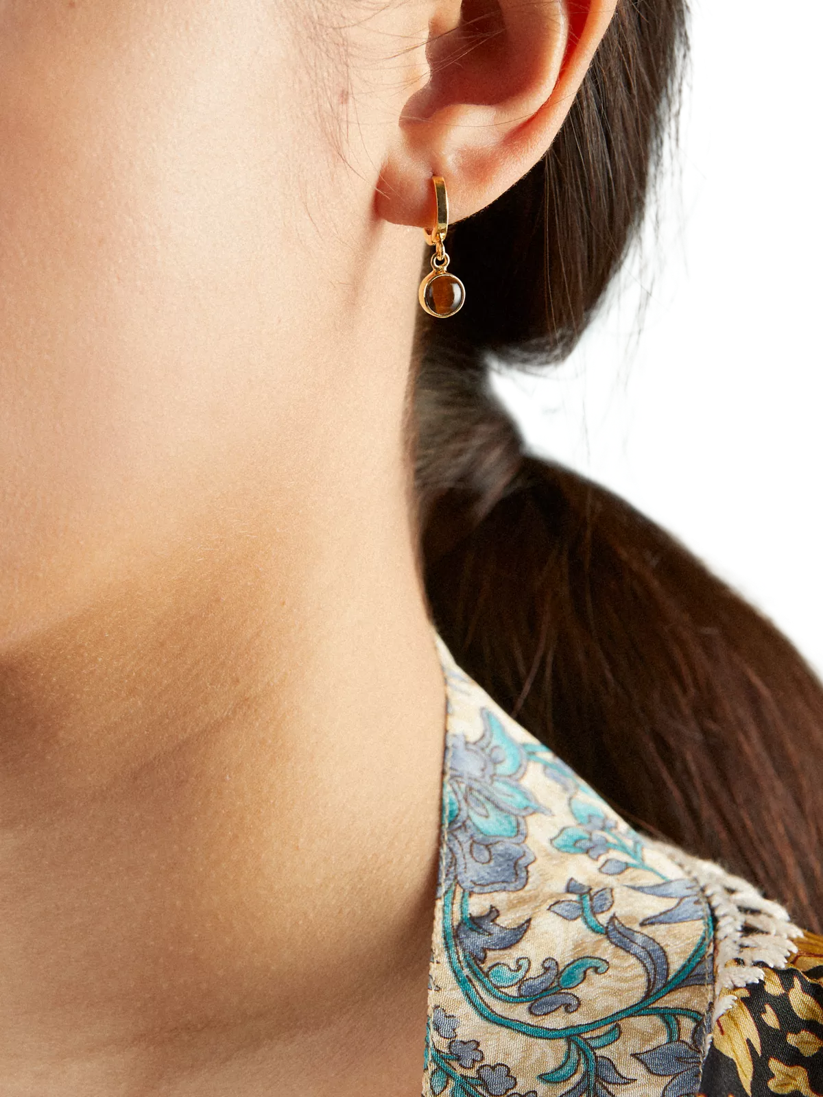Tiger Eye Hoops Round Cut Gold Plated Studio with Model and Product