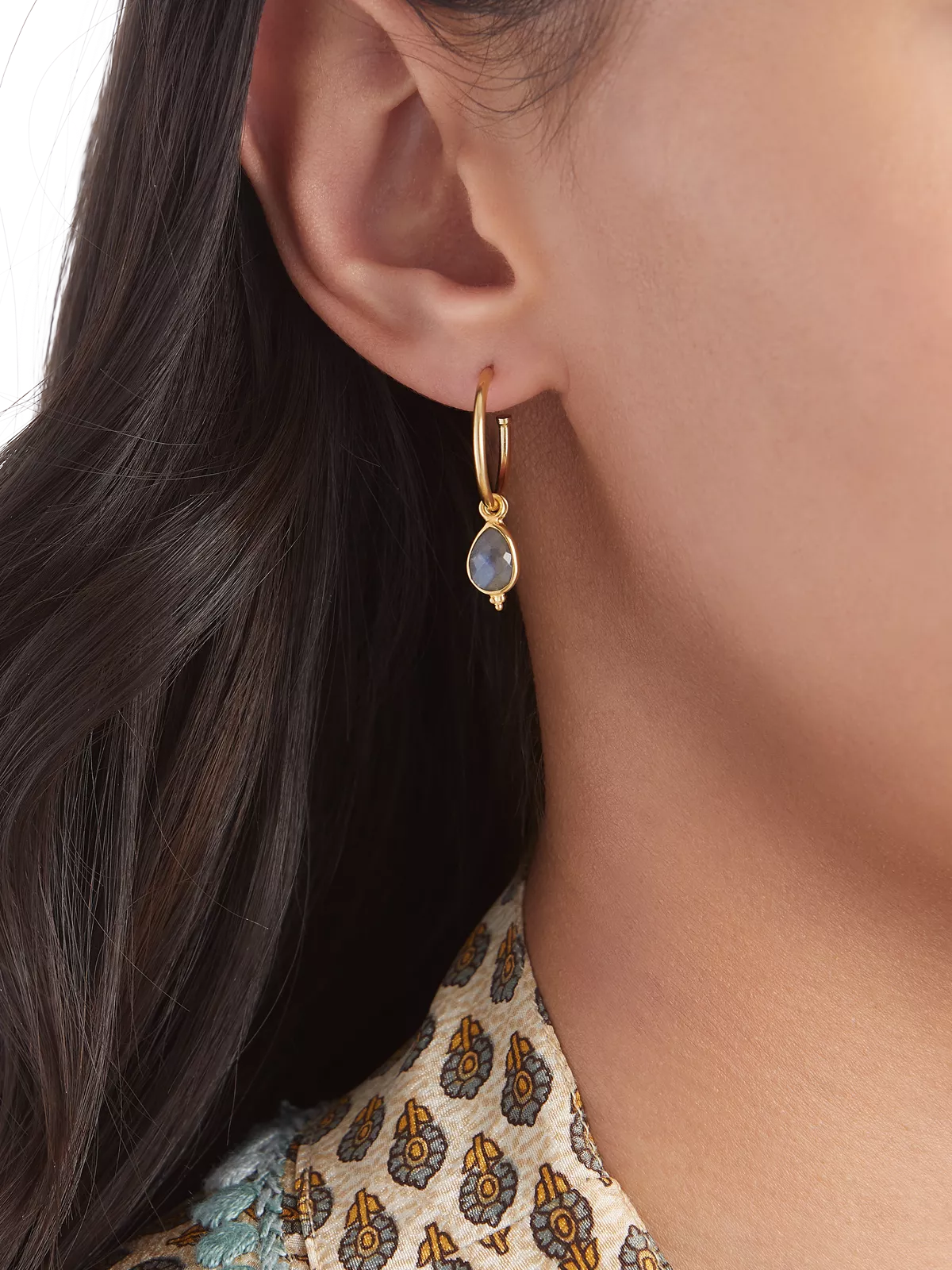 Labradorite Pendant Hoops Gold Plated Studio with Model and Product