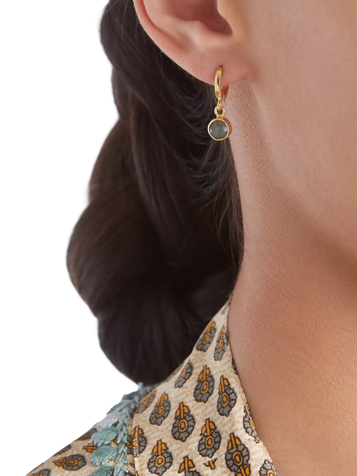 Labradorite Hoops Round Cut Gold Plated Studio with Model and Product