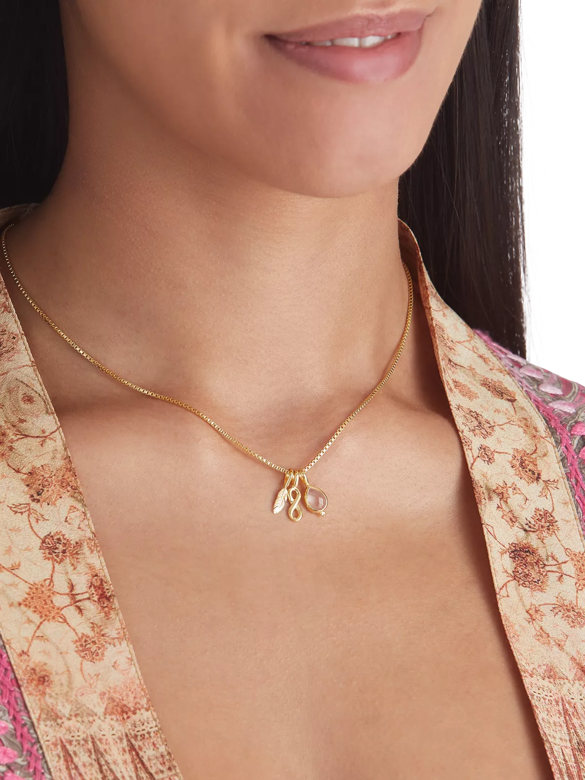 Rose Quartz Pendant Necklace Gold Plated Studio with Model and Product