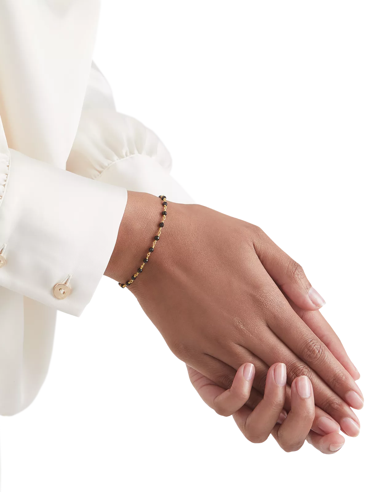 Black Onyx Bead Chain Bracelet Gold Plated Studio with Model and Product