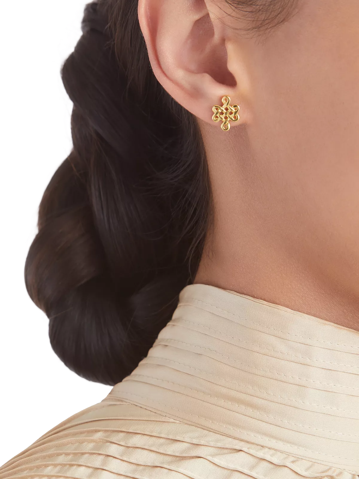 Infinity Stud Earrings Gold Plated Studio with Model and Product