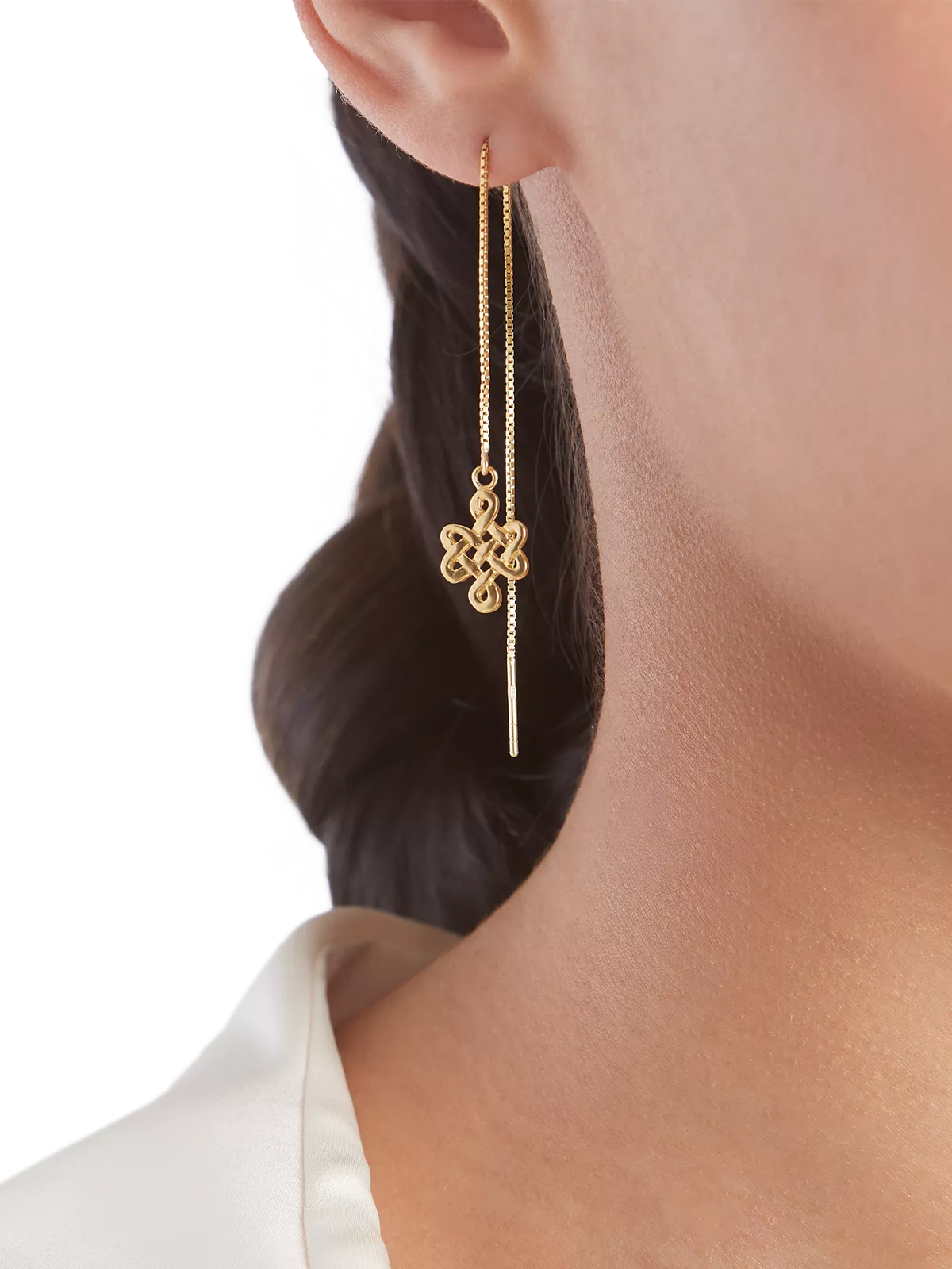 Infinity Chain Earrings Gold Plated Studio with Model and Product