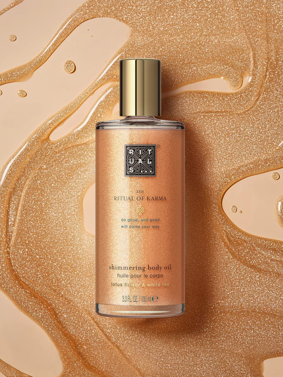 The Ritual of Karma Shimmering Body Oil 100ml Lifestyle with Product