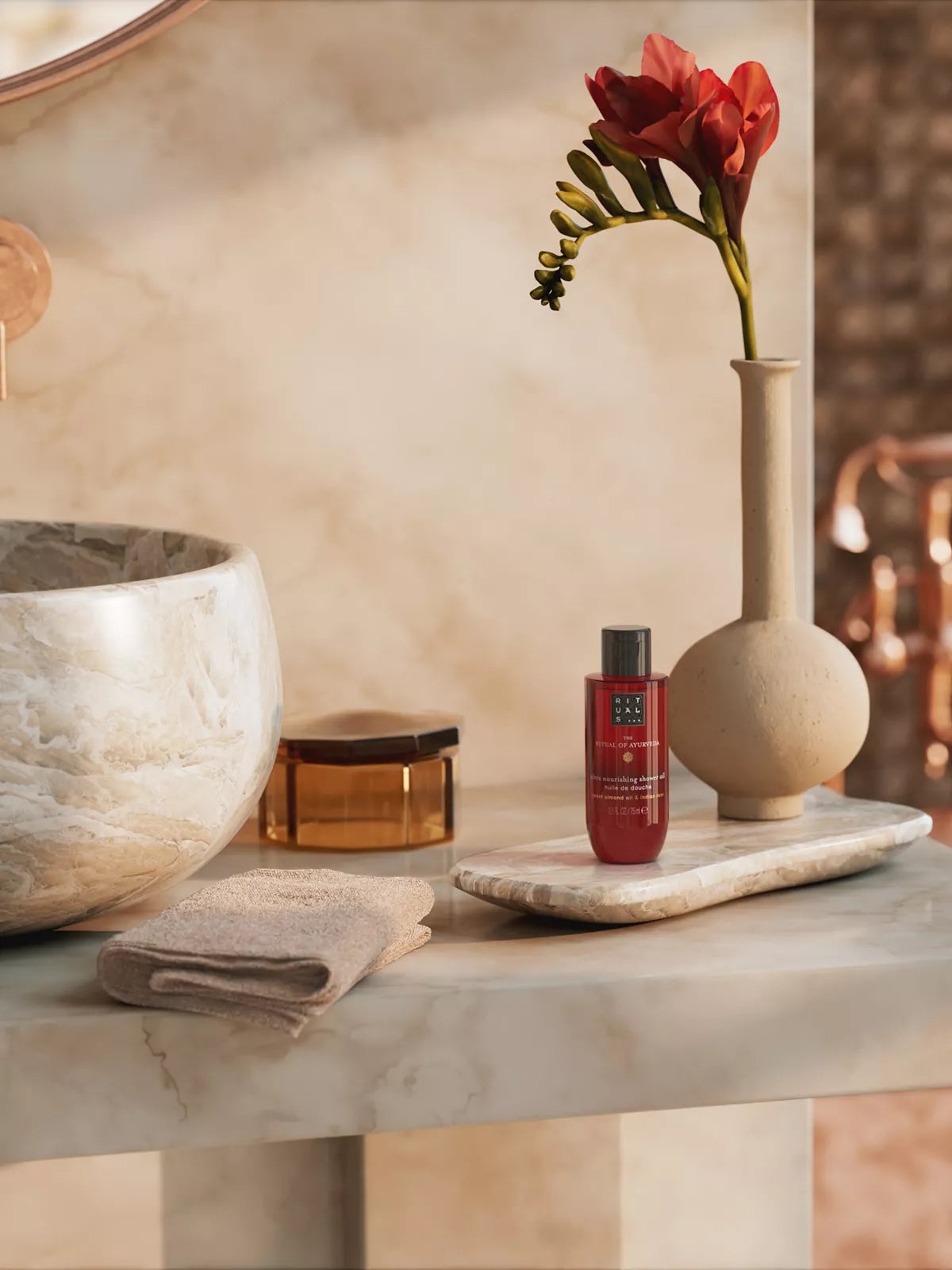 The Ritual of Ayurveda Shower Oil 75ml Lifestyle with Product