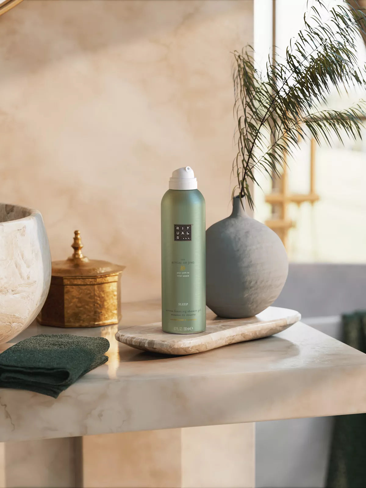 The Ritual of Jing Sleep Foaming Shower Gel Lifestyle with Product