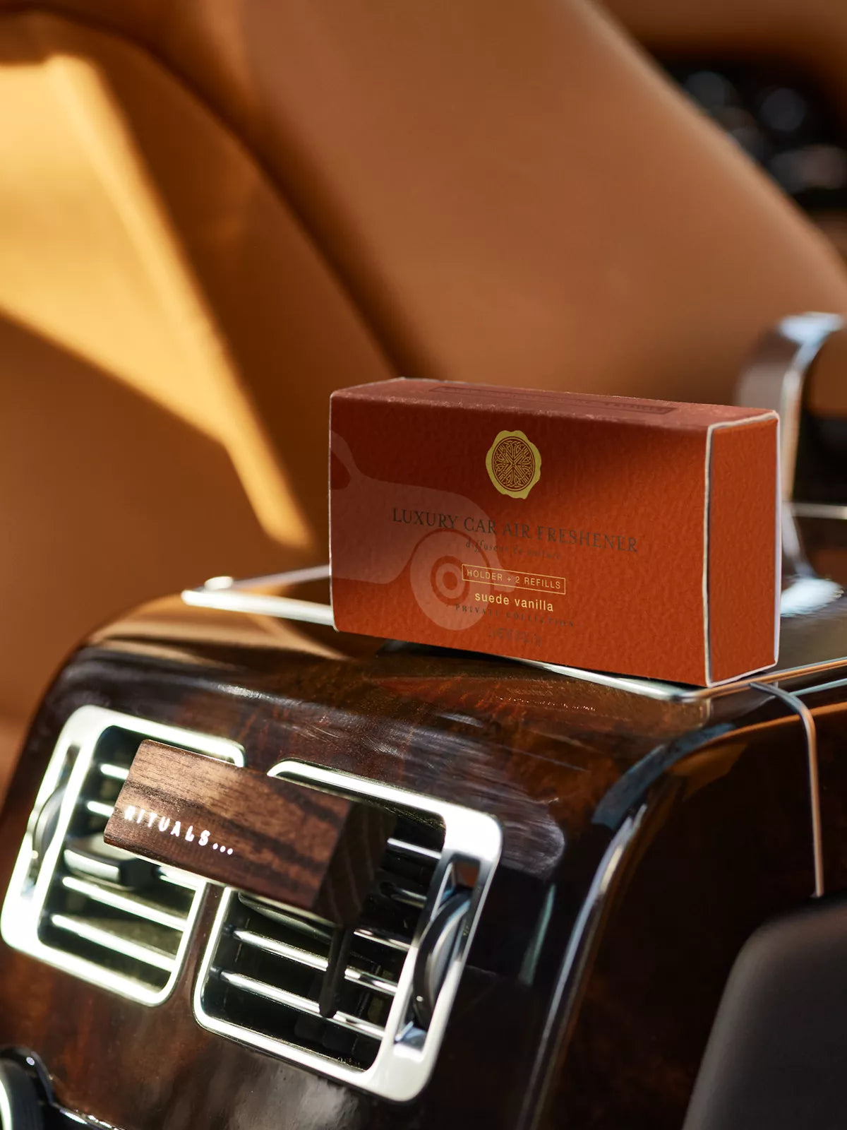 Suede Vanilla Car Air Freshener Lifestyle with Product