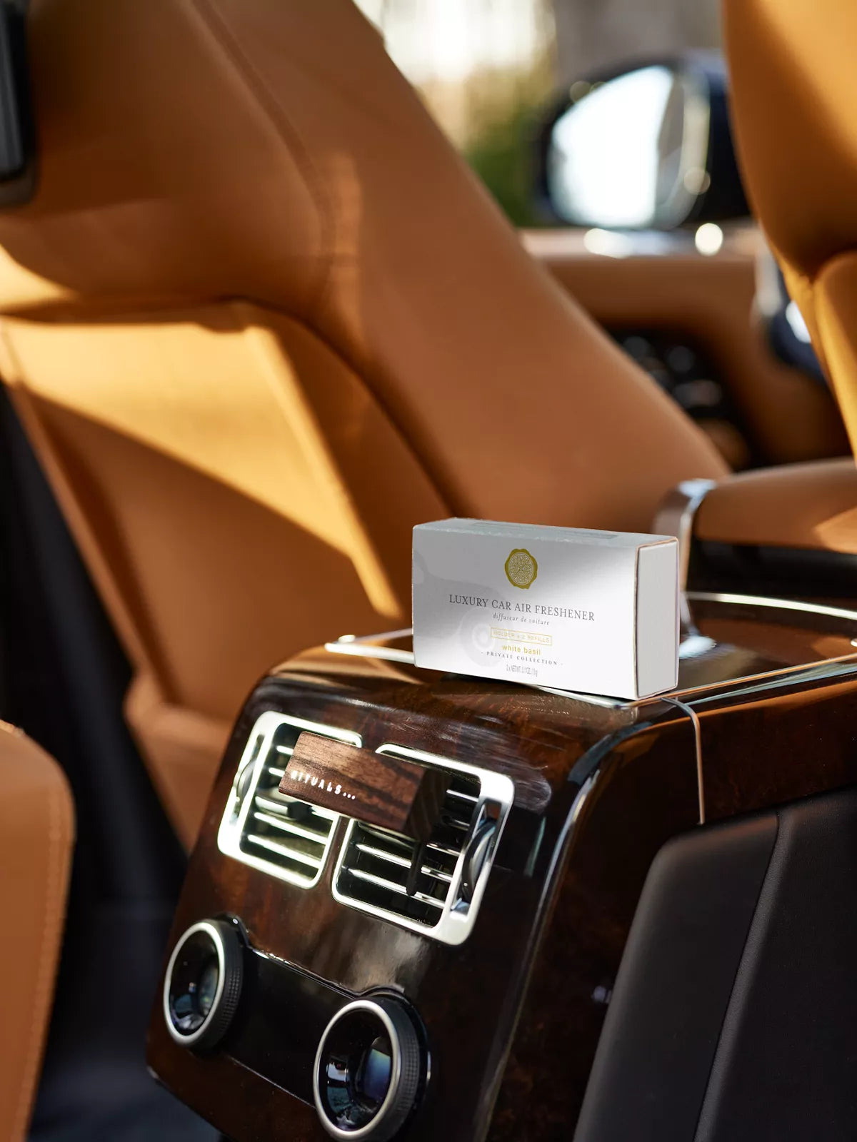 White Basil Car Air Freshener Lifestyle with Product