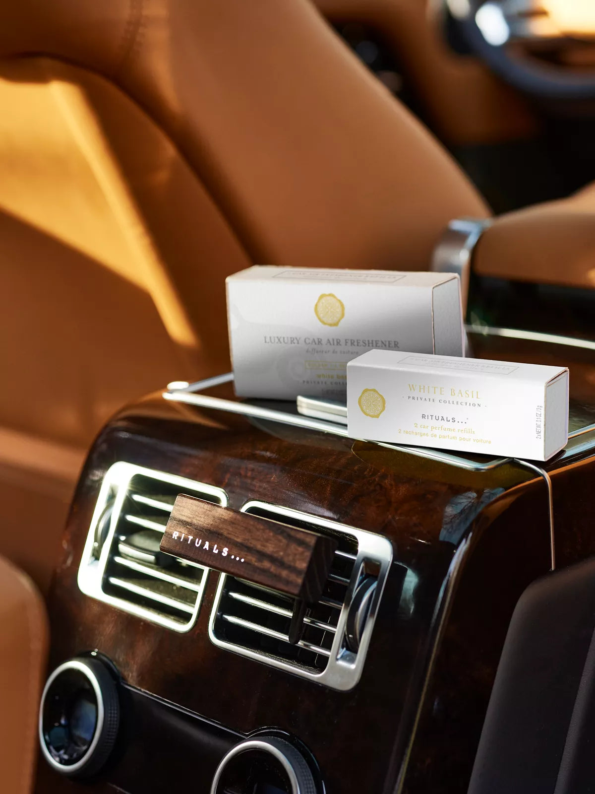 White Basil Refill Car Air Freshener Lifestyle with Product