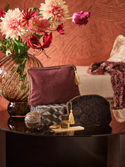 Vellore Small Cotton Velvet Pouch Peacock Lifestyle with Product