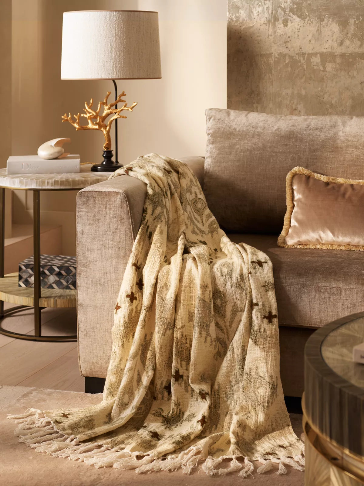 Shiraz Throw Sandy Ikat 130 x 170 cm Lifestyle with Product