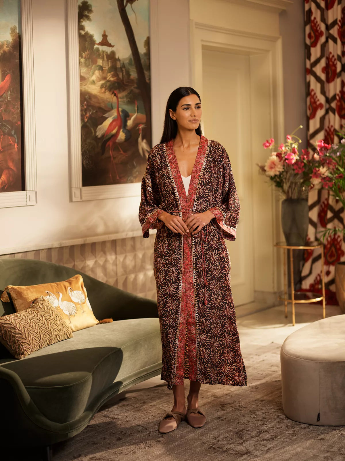 Jaypur Saree Kimono Dark Flower Long Lifestyle with Model and Packshot