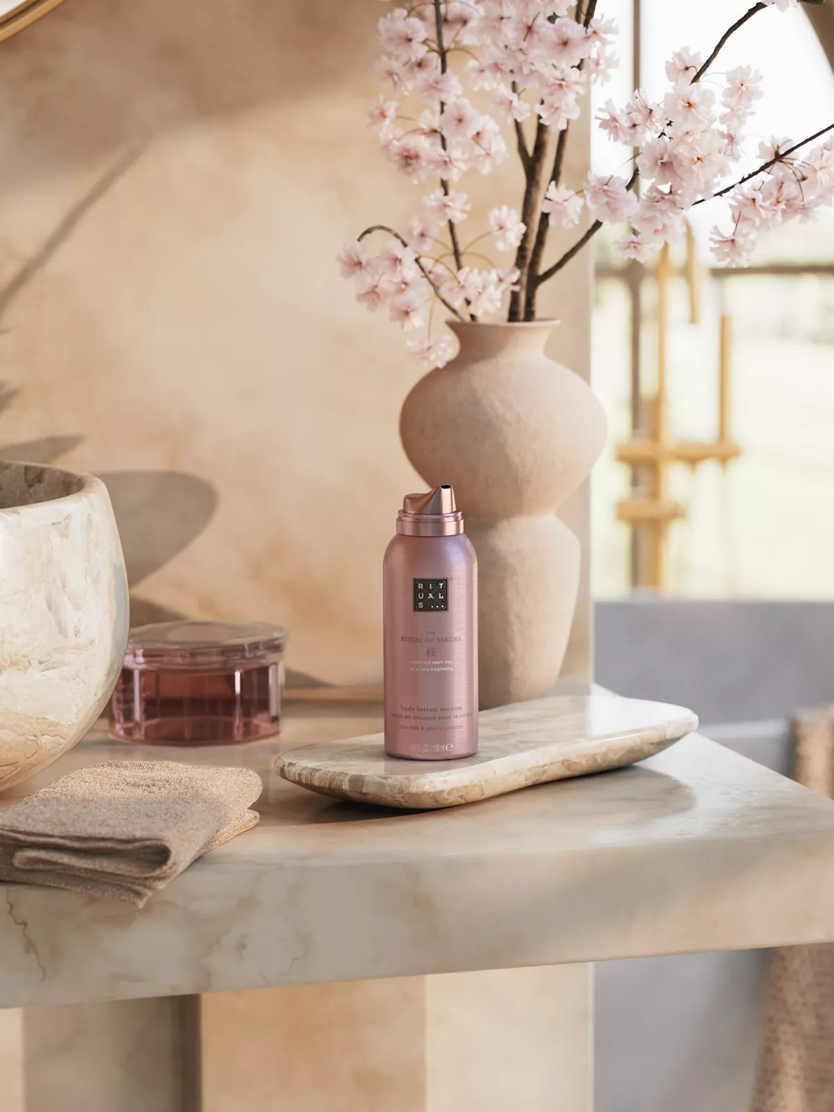 The Ritual of Sakura Body Lotion Mousse 150ml Lifestyle with Product