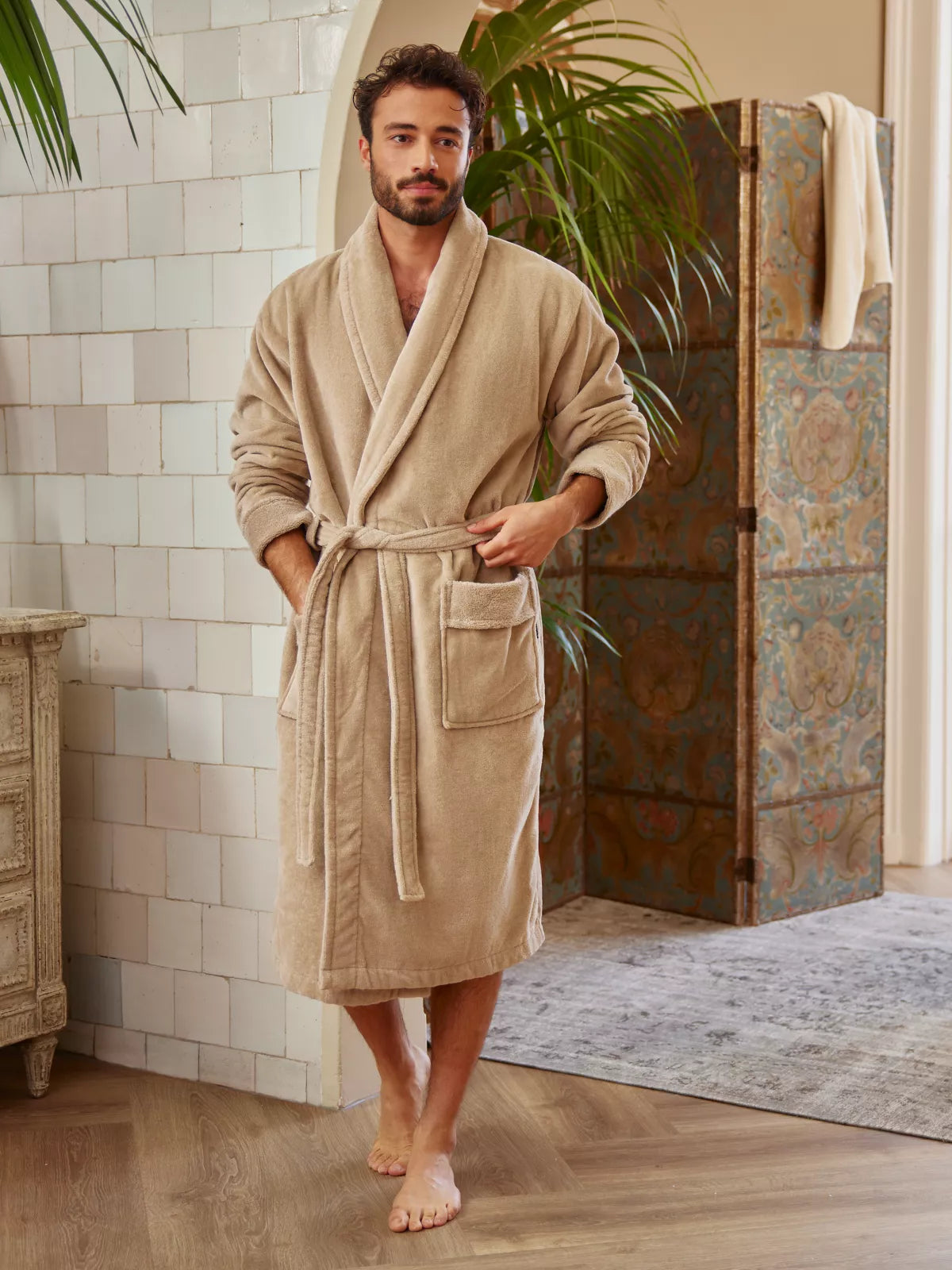 Super Smooth Cotton Bathrobe Men Sand L Lifestyle with Model and Packshot