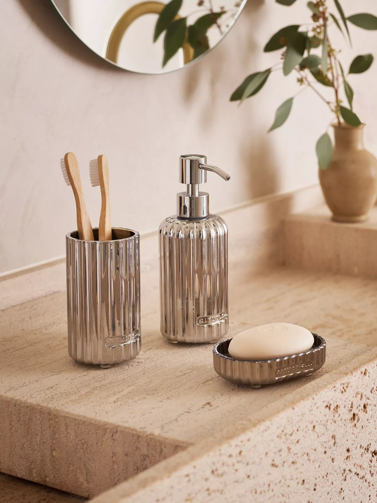 Verrez Soap Dispenser Silver Lifestyle with Product