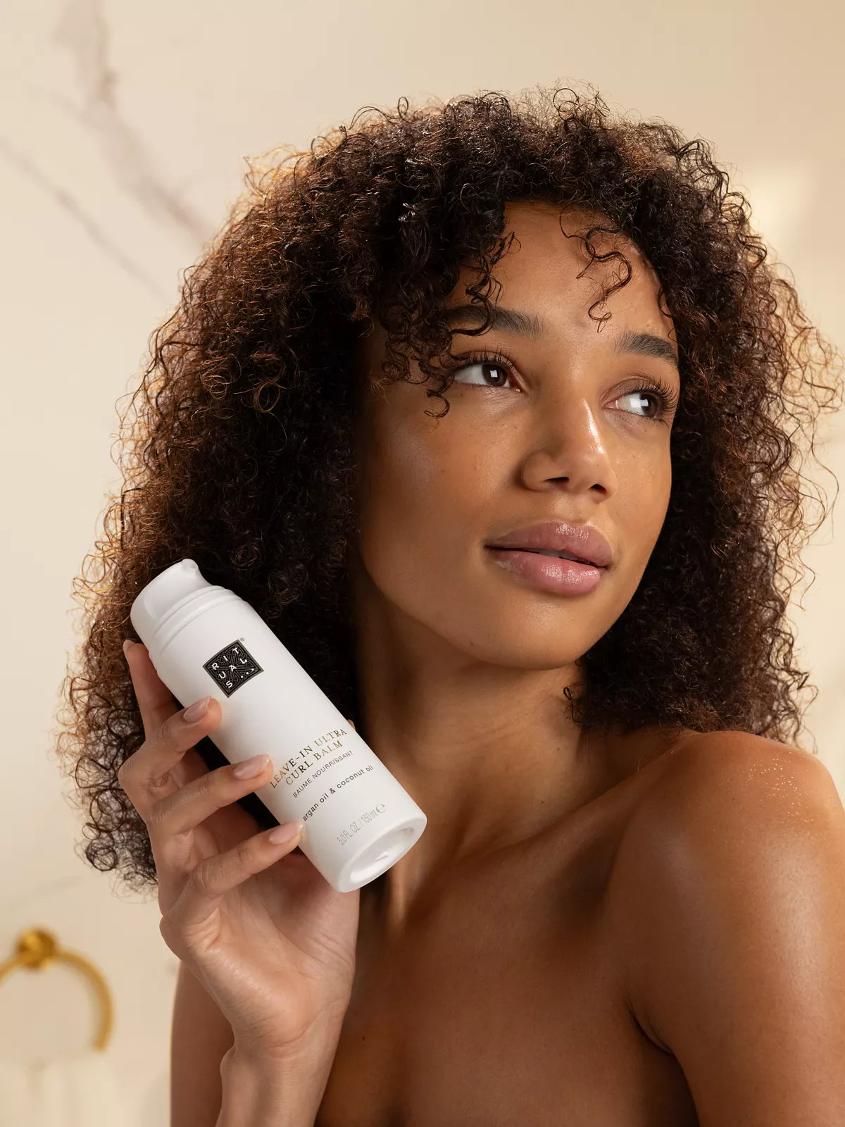 Leave-In Ultra Curl Balm Lifestyle with Model and Packshot