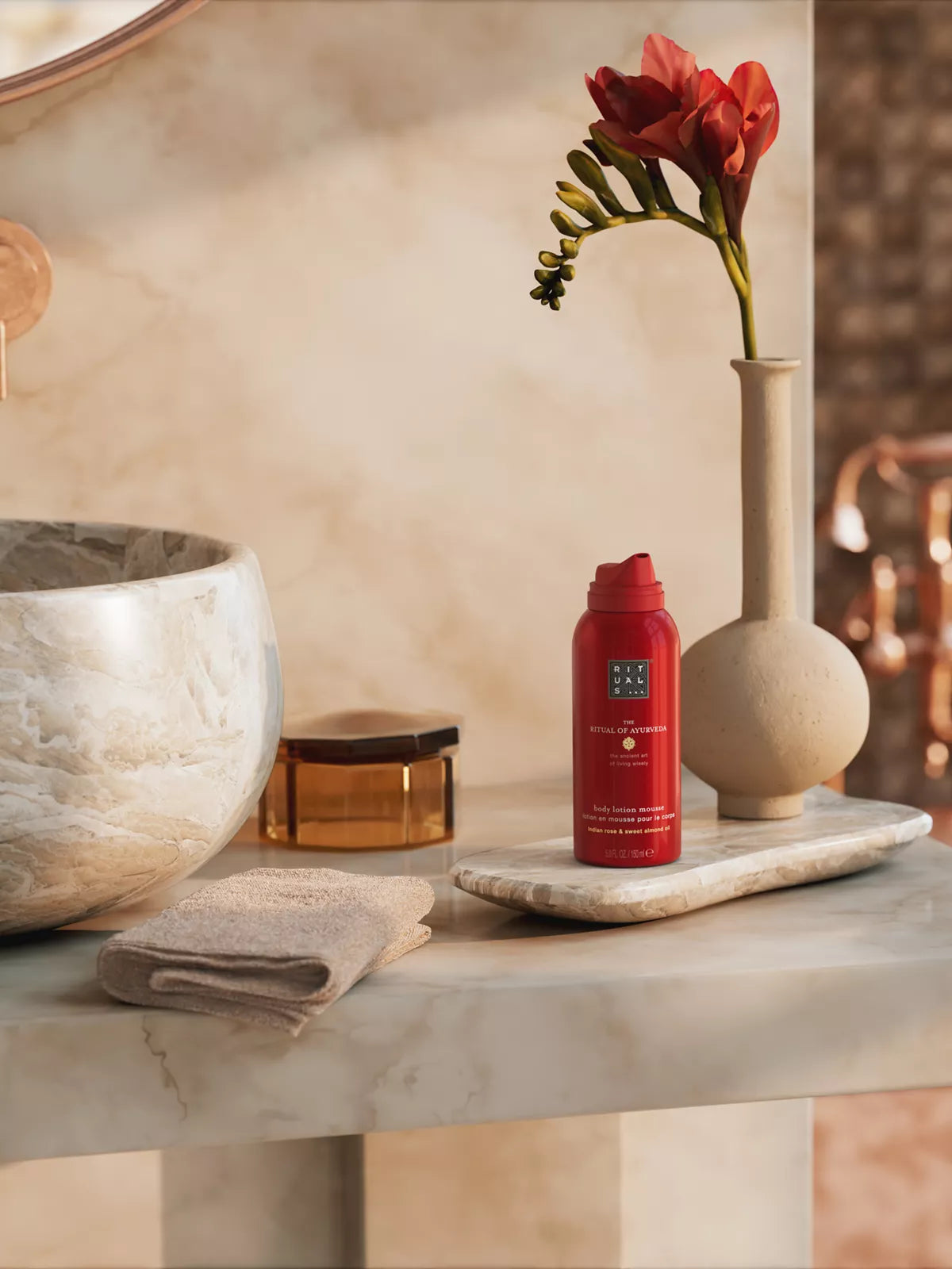 The Ritual of Ayurveda Body Lotion Mousse 150ml Lifestyle with Product