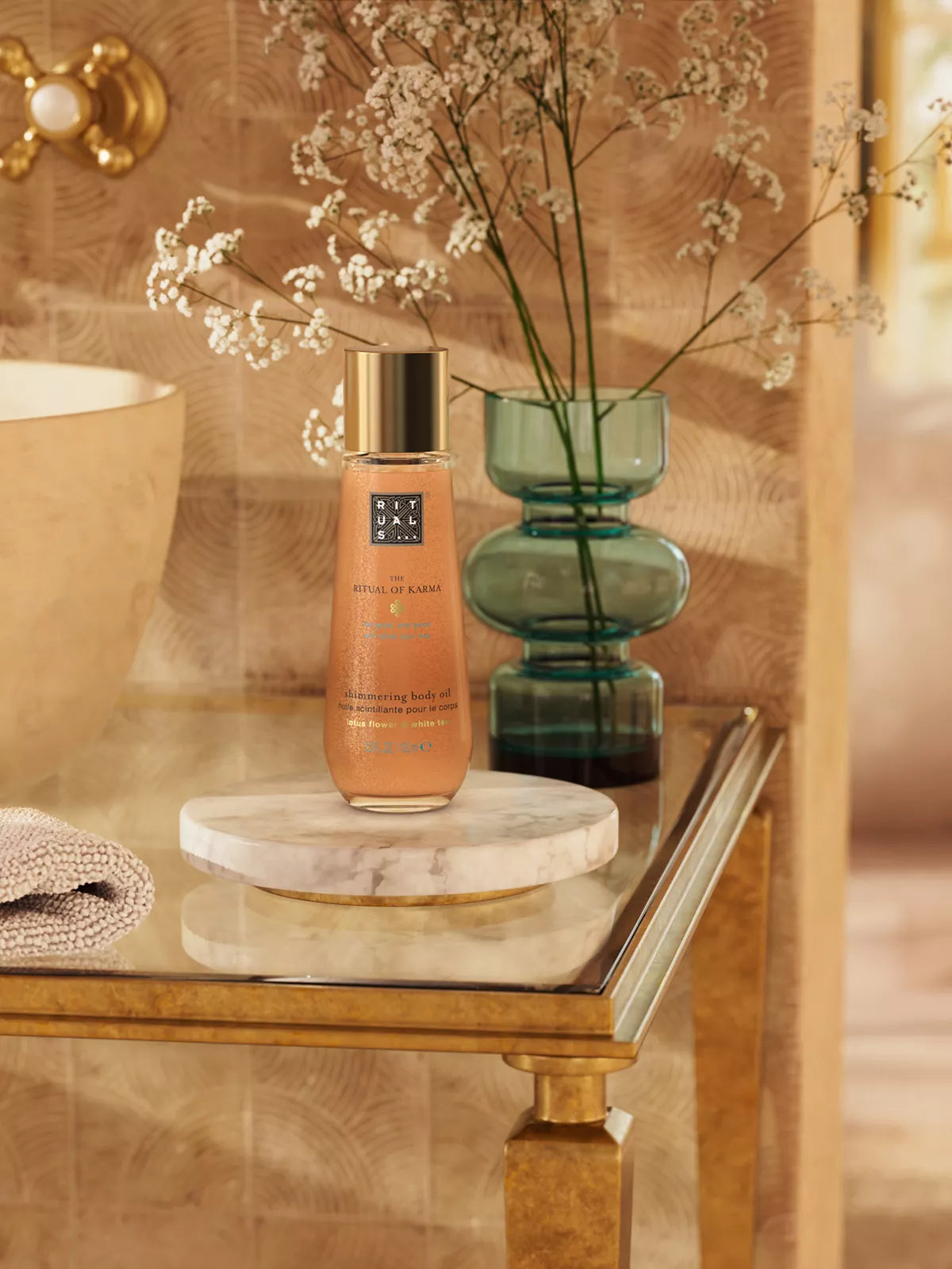 The Ritual of Karma Shimmering Body Oil 100ml Lifestyle with Product