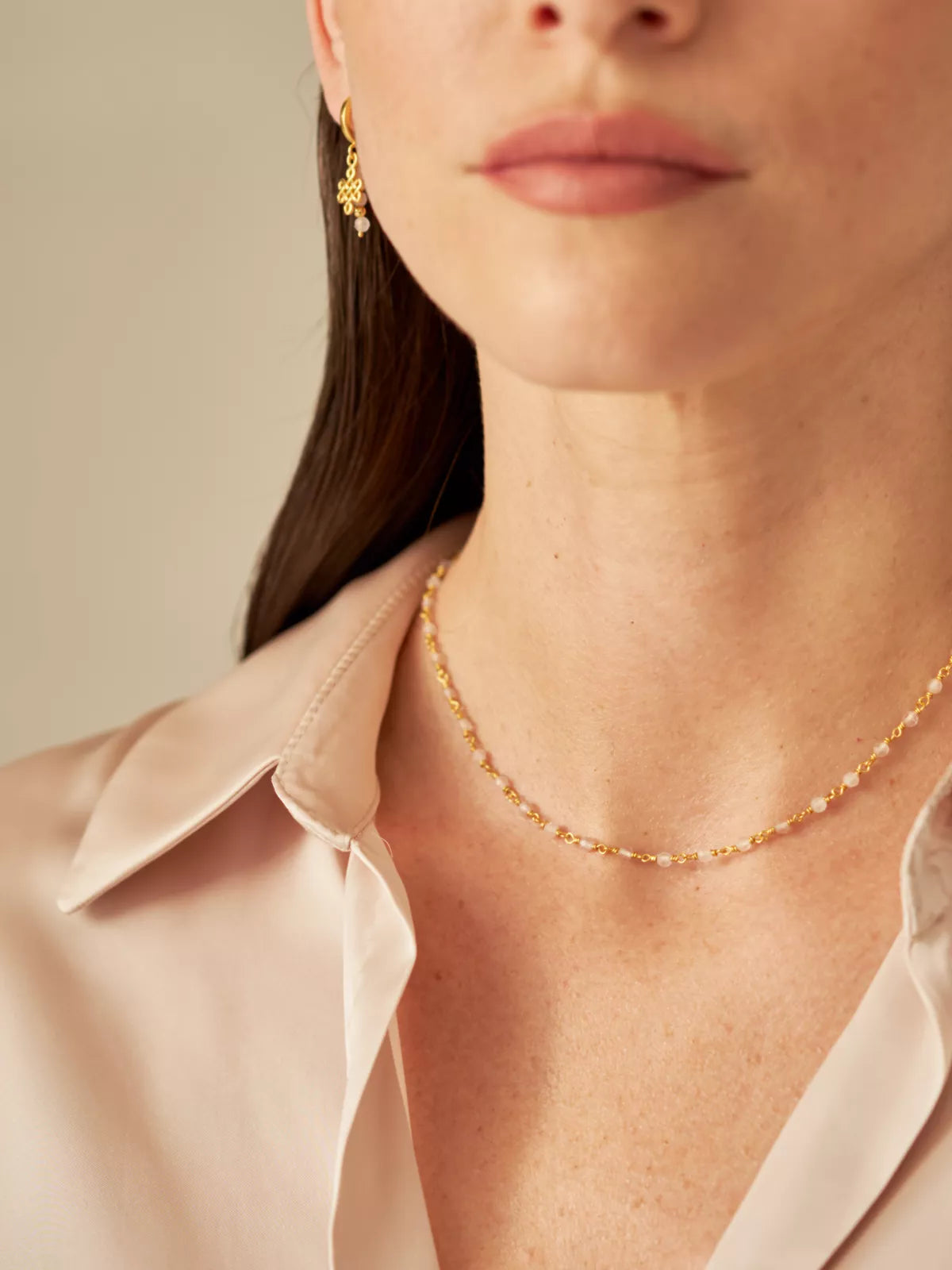 Rose Quartz Bead Choker Necklace Gold Plated Studio with Model and Product