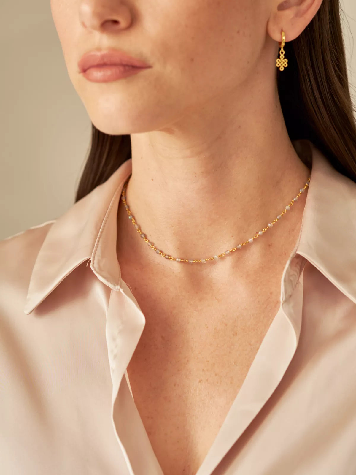 Labradorite Bead Choker Necklace Gold Plated Studio with Model and Product
