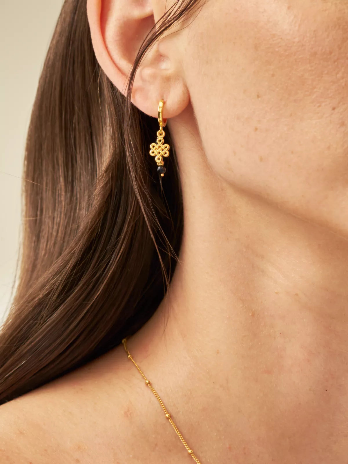 Black Onyx Infinity Hoops Round Earrings Gold Plated Studio with Model and Product