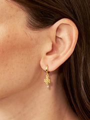 Labradorite Infinity Hoops Round Earrings Gold Plated Studio with Model and Product