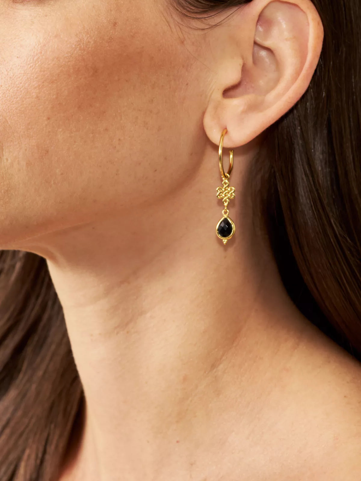 Black Onyx Infinity Hoops Pendant Earrings Gold Plated Studio with Model and Product