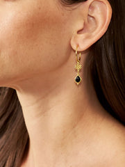 Black Onyx Infinity Hoops Pendant Earrings Gold Plated Studio with Model and Product