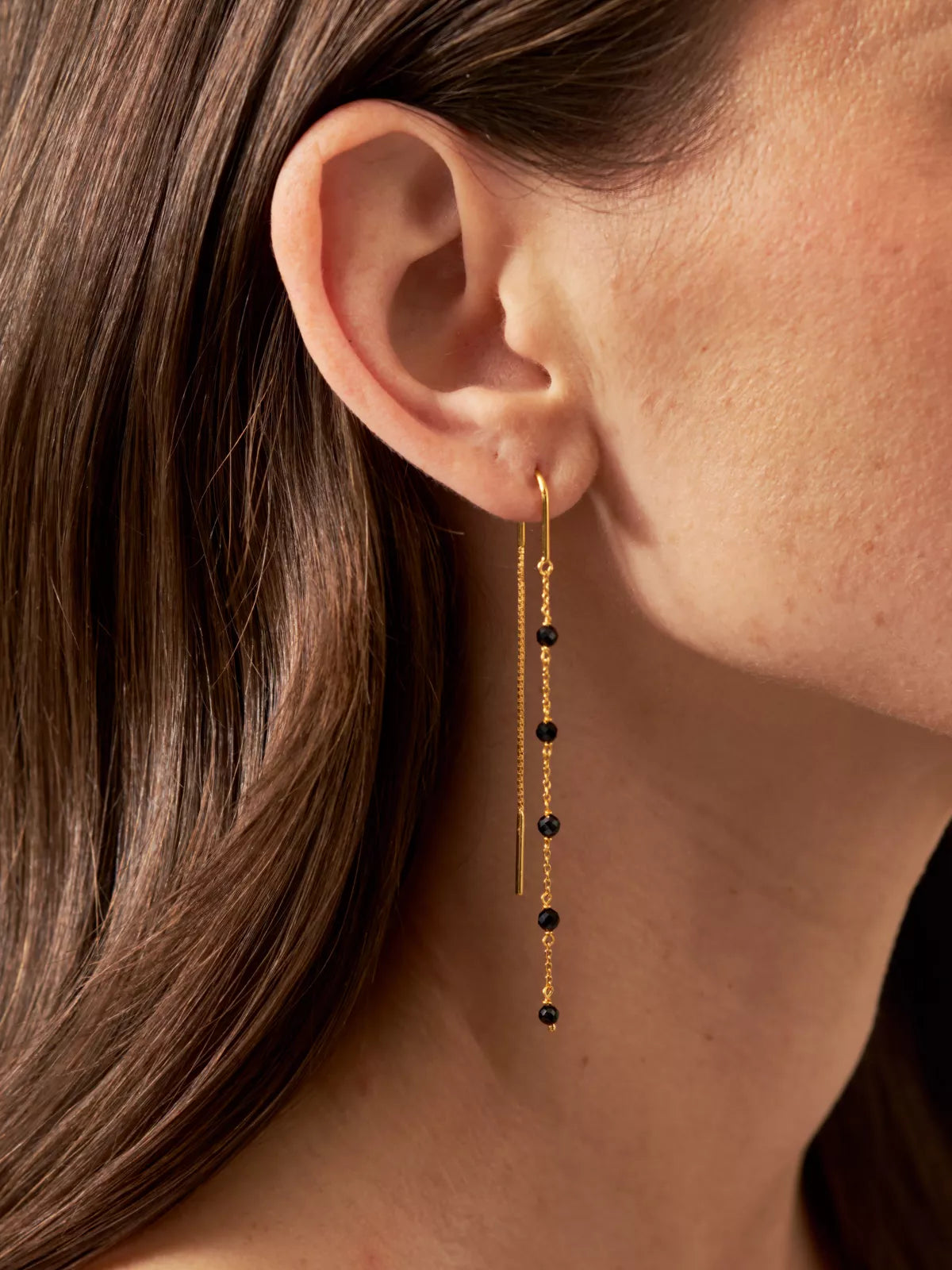 Black Onyx Infinity Stone Chain Earrings Gold Plated Studio with Model and Product