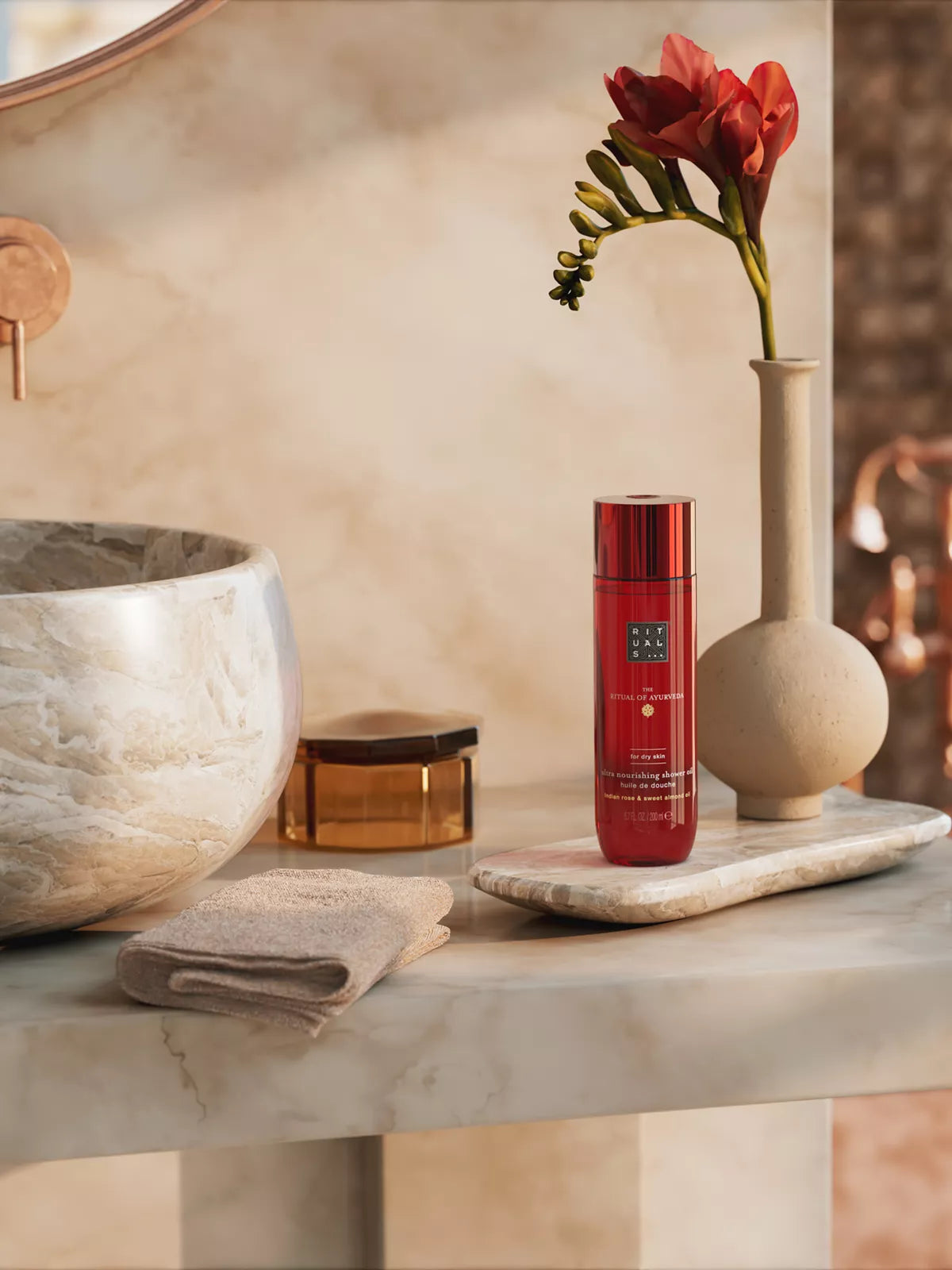 The Ritual of Ayurveda Shower Oil 200ml Lifestyle with Product